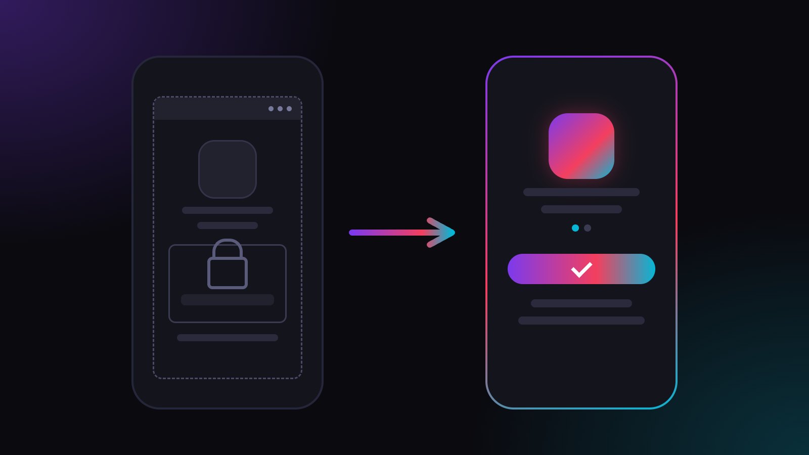 Illustration: zwei Smartphones nebeneinander. Links eine ausgegraute Einladungsseite in einem eingerahmten In-App-Browser mit Vorhängeschloss über einem Login-Feld, rechts ein Einladungsbildschirm in einer App mit farbigem Server-Symbol und aktiver Schaltfläche mit Häkchen.