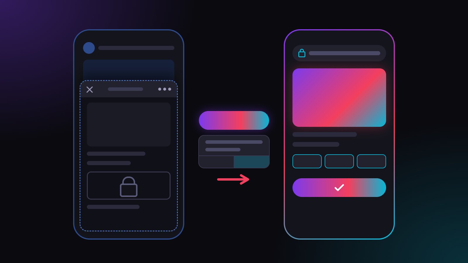 Illustration: links ein Smartphone mit blauem App-Rahmen, darin eine Webseite in einem gestrichelten Kasten mit Schließen-Kreuz, Drei-Punkte-Menü und Vorhängeschloss. In der Mitte eine Schaltfläche mit Farbverlauf über einem kleinen Bestätigungsdialog. Rechts ein echter Browser mit Adressleiste und bestätigter Schaltfläche.