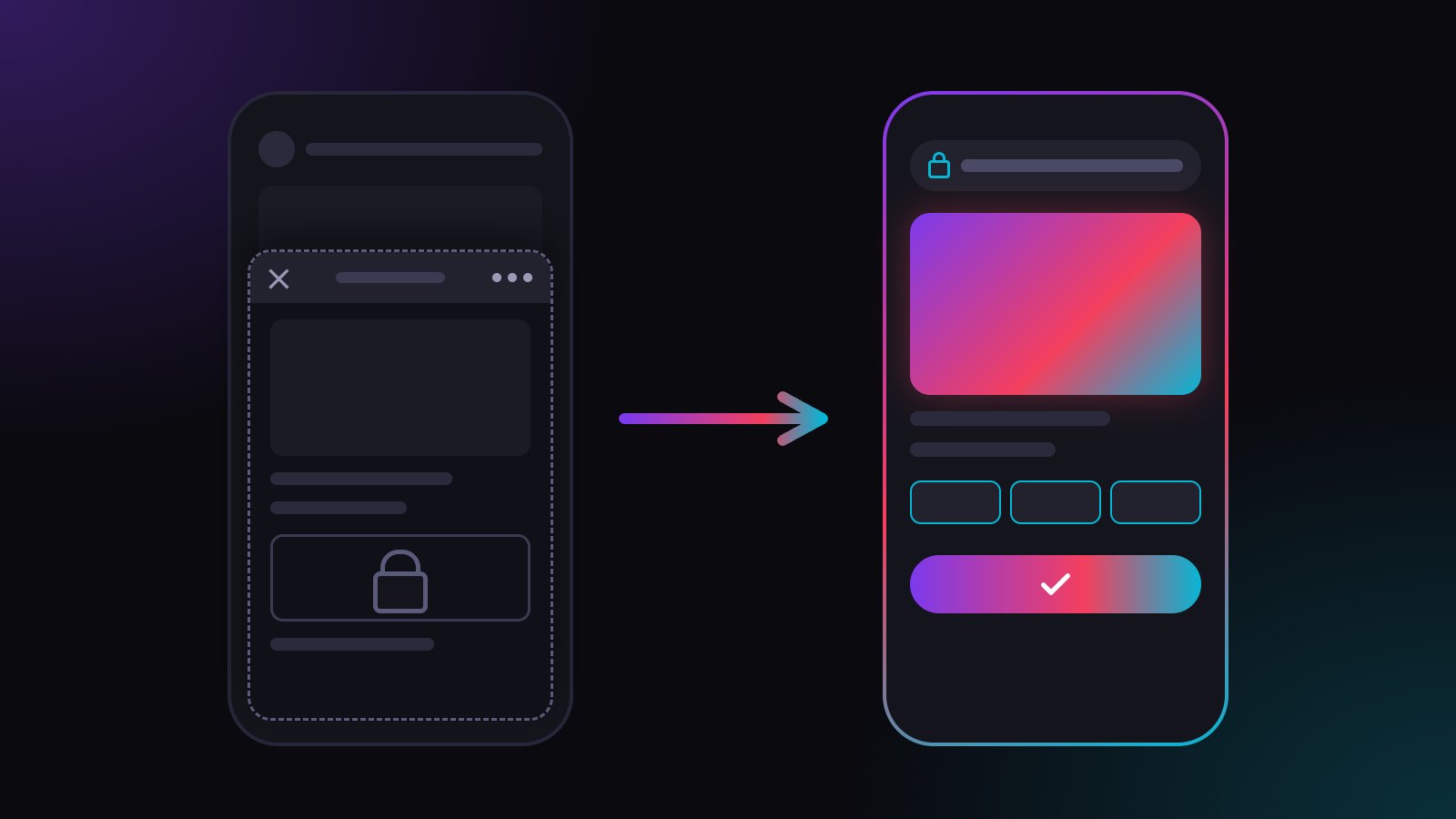 Illustration: zwei Smartphones nebeneinander. Links schiebt sich eine Webseite in einer Social-App hoch, in einem gestrichelten Rahmen mit Schließen-Kreuz, Drei-Punkte-Menü und einem Vorhängeschloss über dem Inhalt. Ein Pfeil zeigt auf das rechte Smartphone, einen echten Browser mit Adressleiste, bunter Seite und bestätigter Schaltfläche.