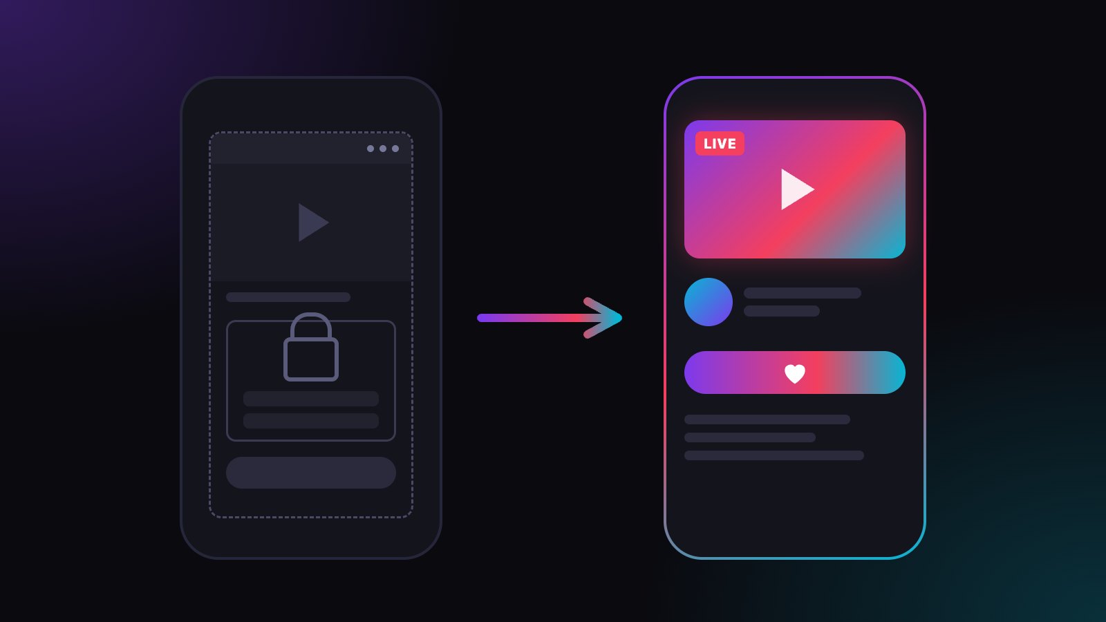 Illustration: zwei Smartphones nebeneinander. Links ein ausgegrauter Videoplayer in einem eingerahmten In-App-Browser mit Vorhängeschloss über einem Login-Formular, rechts ein Livestream in einer App mit LIVE-Kennzeichen und aktiver Folgen-Schaltfläche mit Herz.