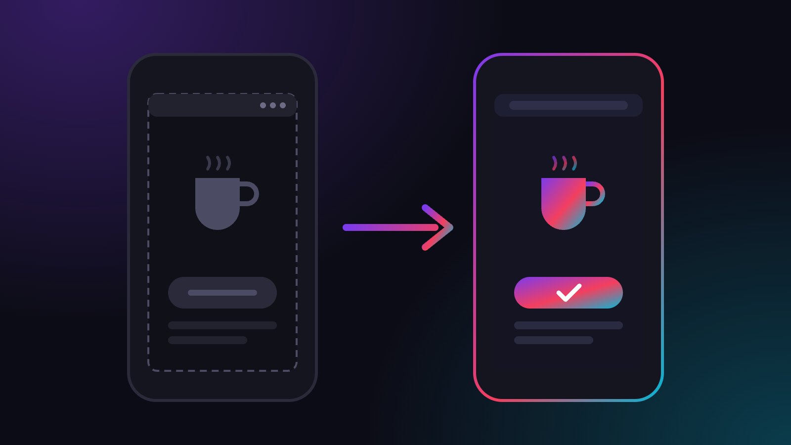 Illustration: zwei Handys nebeneinander. Links eine Trinkgeld-Seite in einem eingeengten In-App-Browser mit ausgegrautem Bezahl-Button, rechts dieselbe Seite im vollen Browser mit aktivem Bezahl-Button.