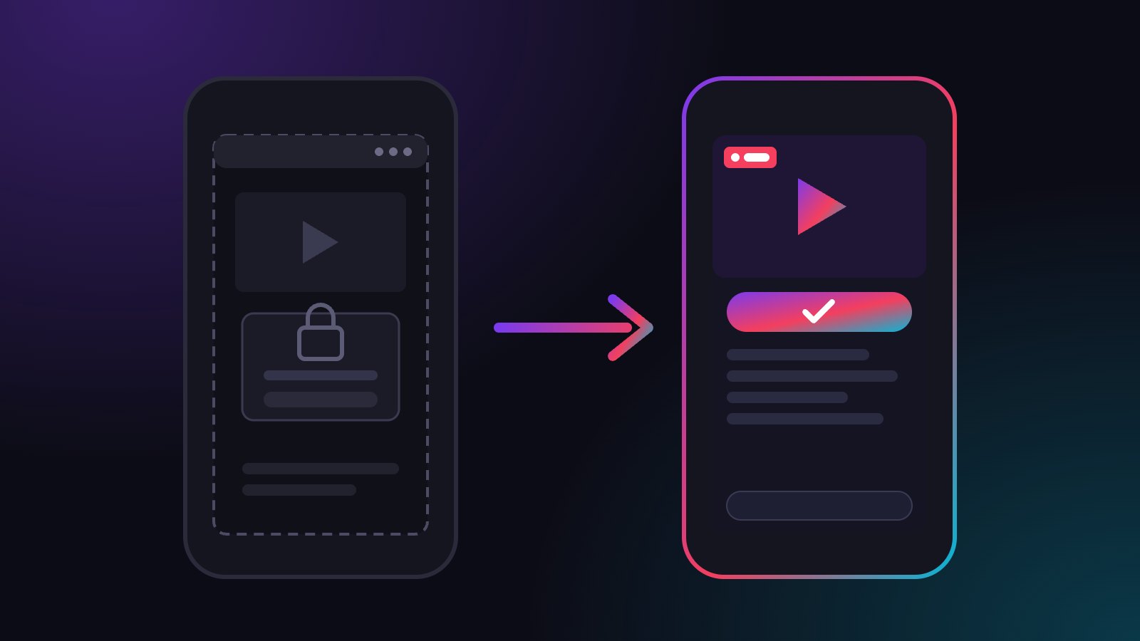 Illustration: two phones side by side. On the left a greyed-out video player inside a boxed-in in-app browser with a padlock login wall, on the right the same live stream, unlocked, with an active follow button.