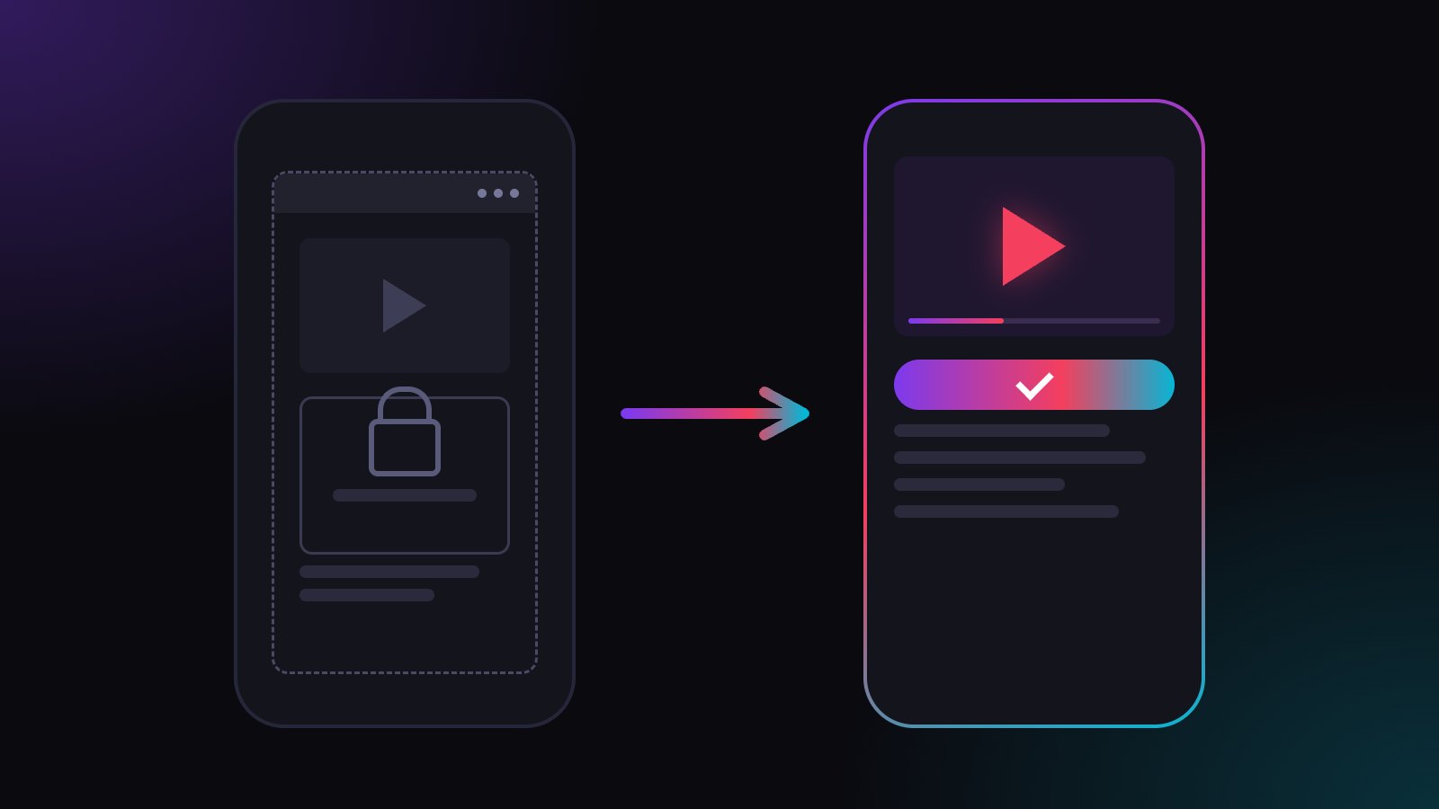 Illustration: zwei Smartphones nebeneinander. Links ein ausgegrautes Video in einem eingerahmten In-App-Browser mit Vorhängeschloss vor den Schaltflächen, rechts dasselbe Video, das in einer App läuft, mit Fortschrittsbalken und aktiver Abo-Schaltfläche.